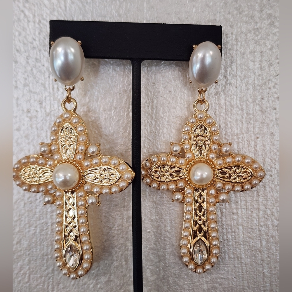 Elegant Gold and Pearl Cross Earrings